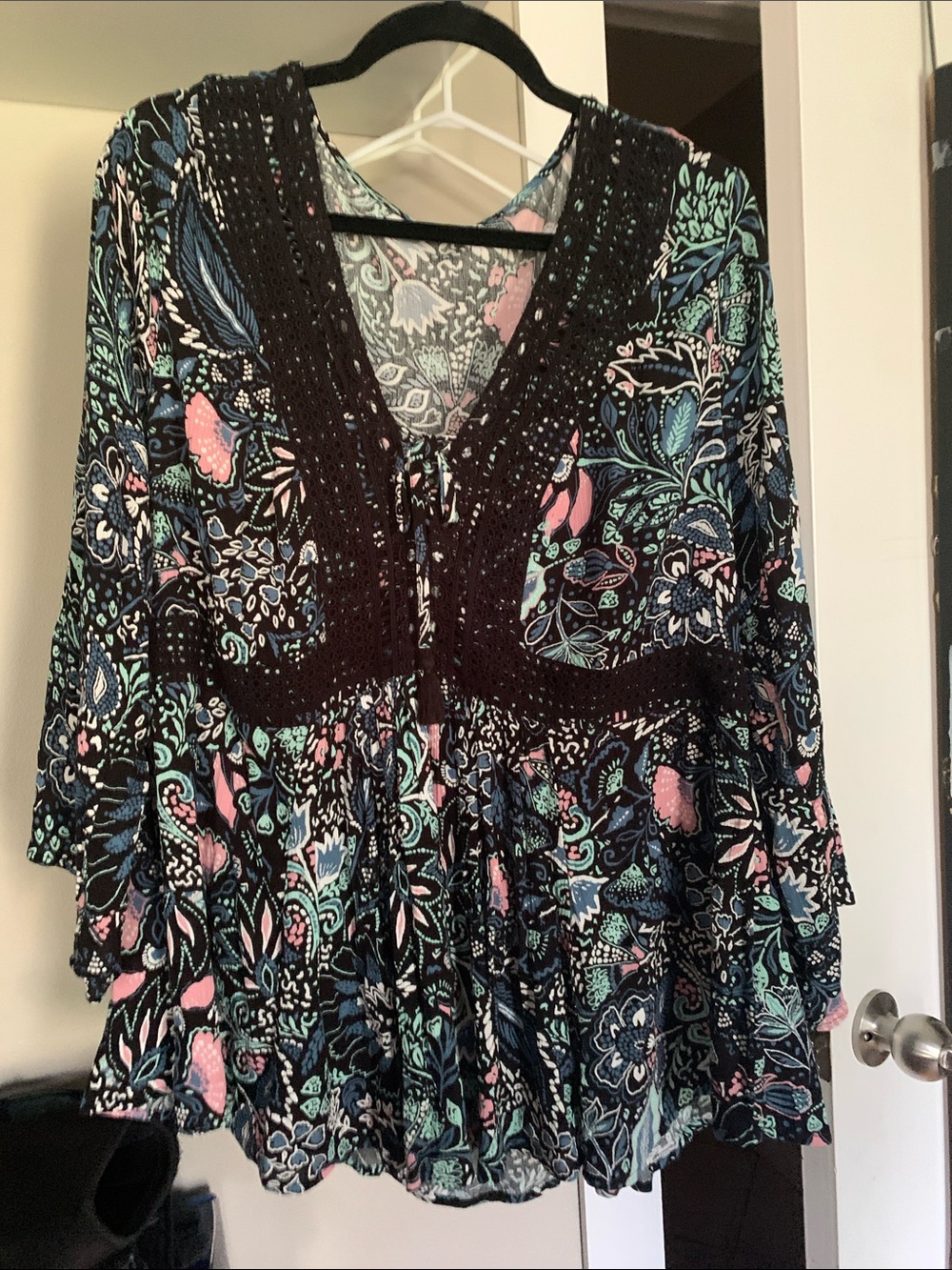 torrid Black Floral Crochet-Trim Peasant Tunic with Mint & Pink Accents